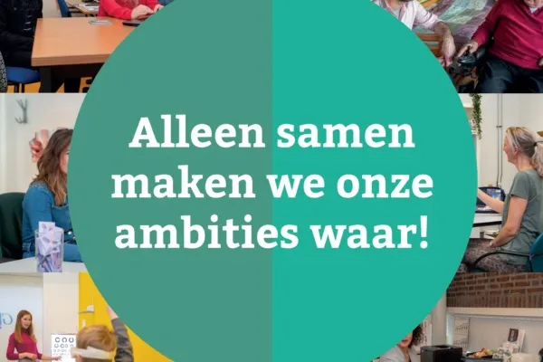 Afbeelding van verschillende foto's die het werken bij GGD Zeeland laten zien. In het midden de tekst: Alleen samen maken we onze ambities waar!